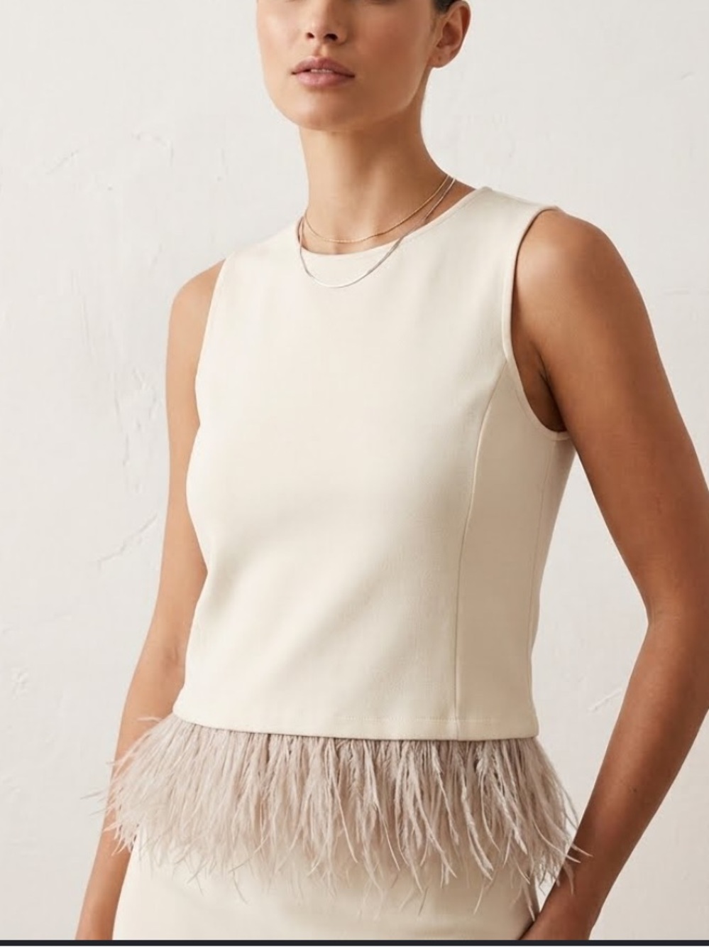 W5 Ivory Cream Feather Hem Sleeveless Tank Top Size M